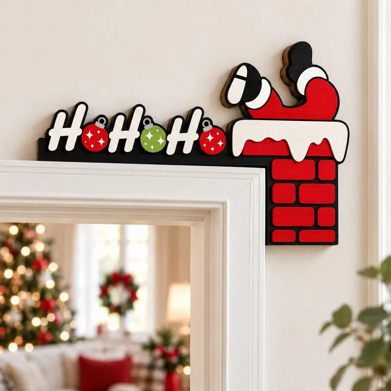 Ho Ho Ho Santa Chimney Wooden Corner Door Sign - Christmas Door Frame Topper, Holiday Decor