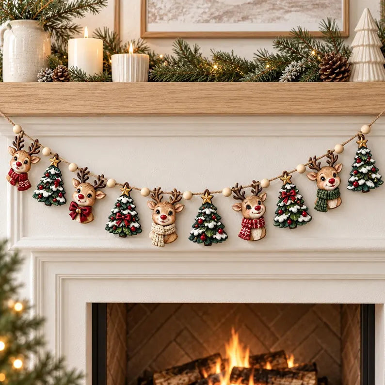 Cute Reindeer Christmas Wooden Garland - Woodland Holiday Mantel Banner
