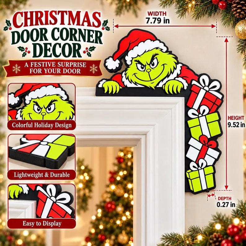Mischievous Christmas Elf Door Corner Decor with Presents - Peeking Holiday Door Frame Topper