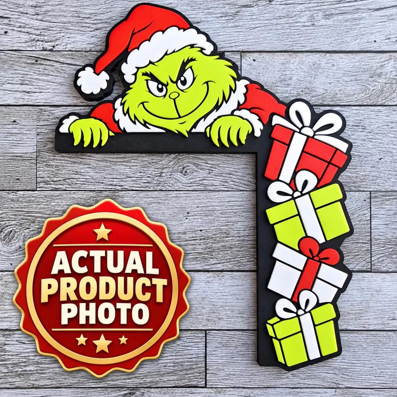 Mischievous Christmas Elf Door Corner Decor with Presents - Peeking Holiday Door Frame Topper