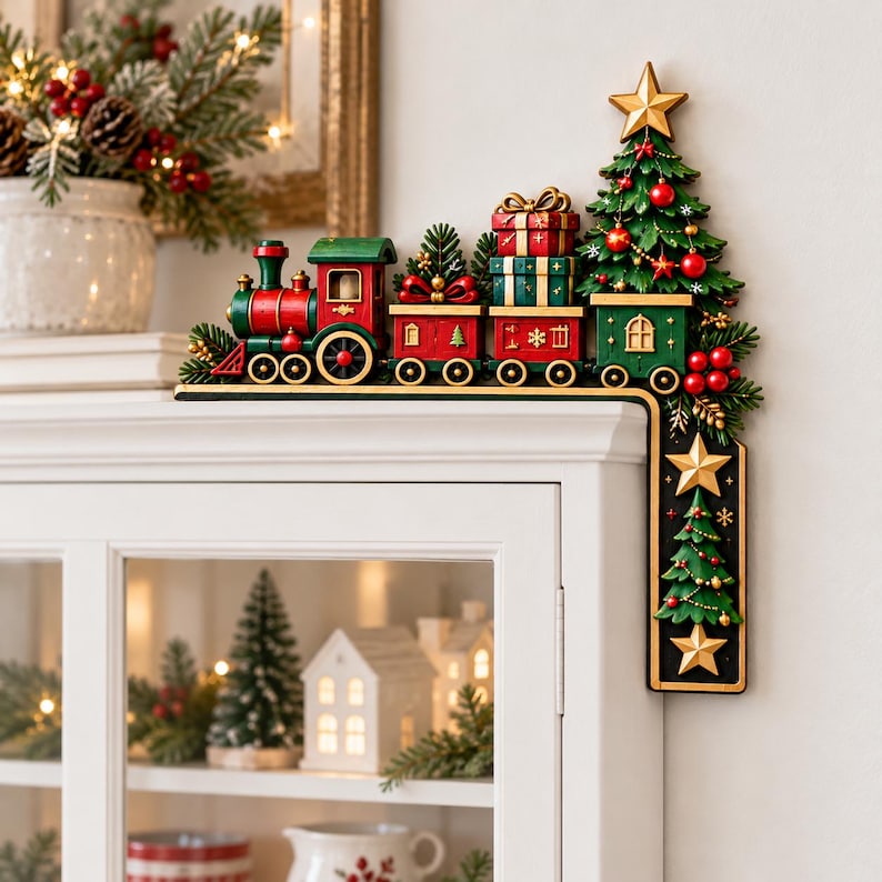 Christmas Train Door Corner Sign - Holiday Door Frame Topper, Wooden Christmas Doorway Decor