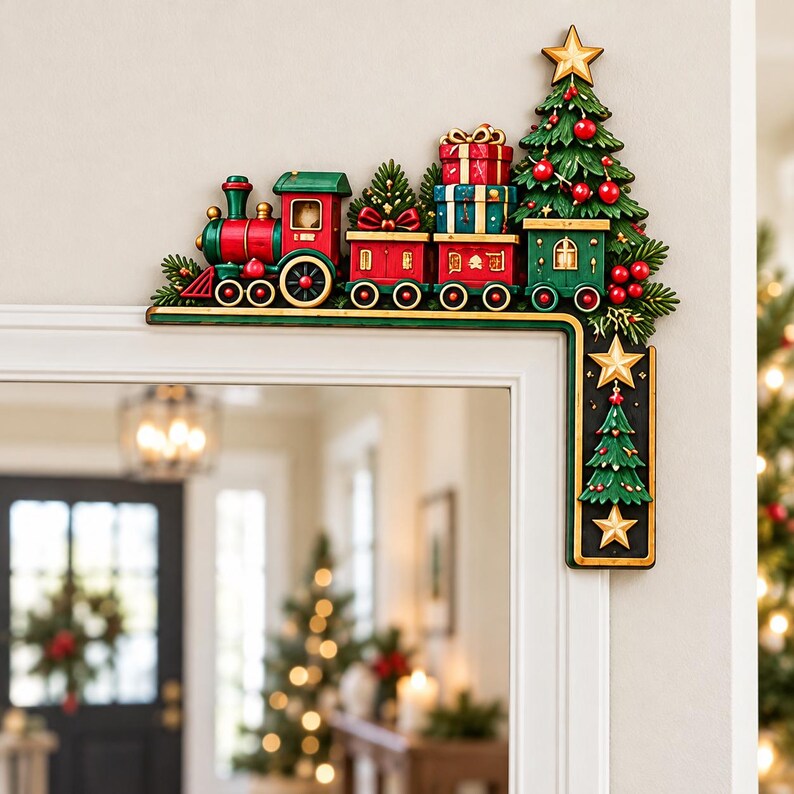 Christmas Train Door Corner Sign - Holiday Door Frame Topper, Wooden Christmas Doorway Decor