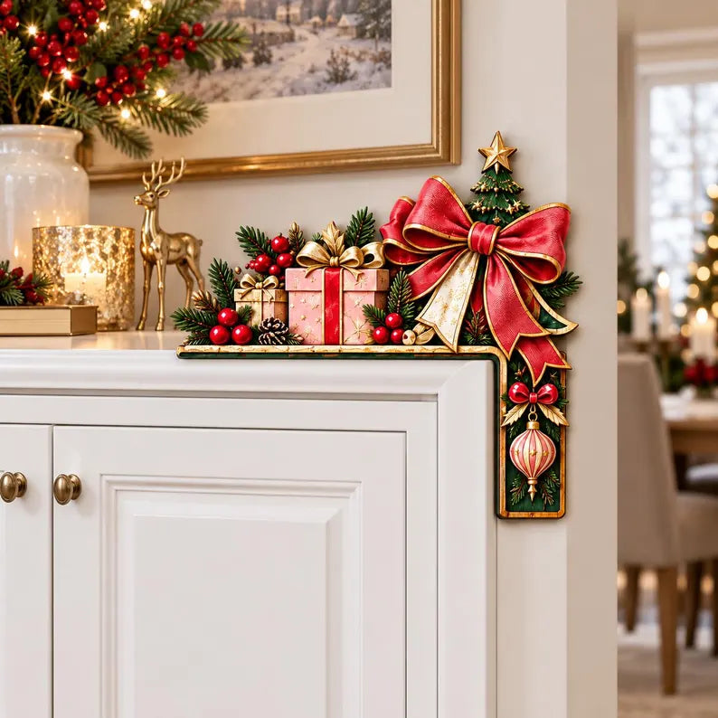Christmas Bow Door Corner Sign - Red Bow Door Frame Topper, Holiday Gift Box Entryway Decor