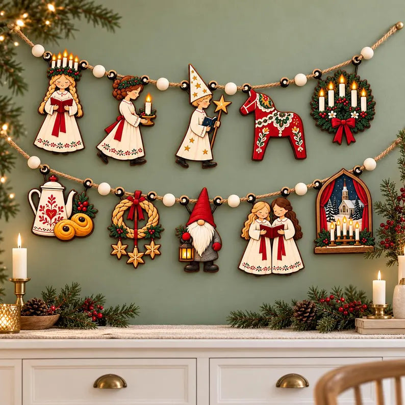 Swedish Christmas Wooden Garland - Scandinavian Saint Lucia & Dala Horse Nordic Mantel Banner