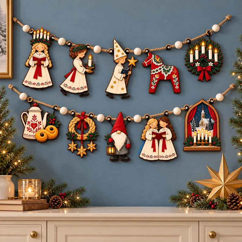 Swedish Christmas Wooden Garland - Scandinavian Saint Lucia & Dala Horse Nordic Mantel Banner