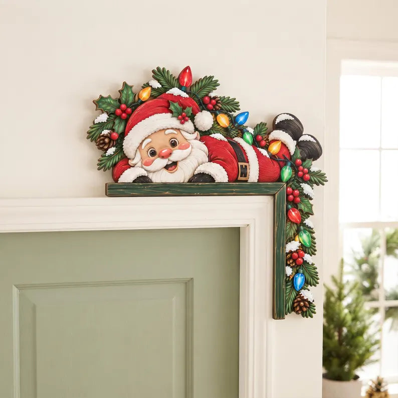 Santa Claus Door Topper Decor - Christmas Doorway Corner Sign, Holiday Door Frame Accent