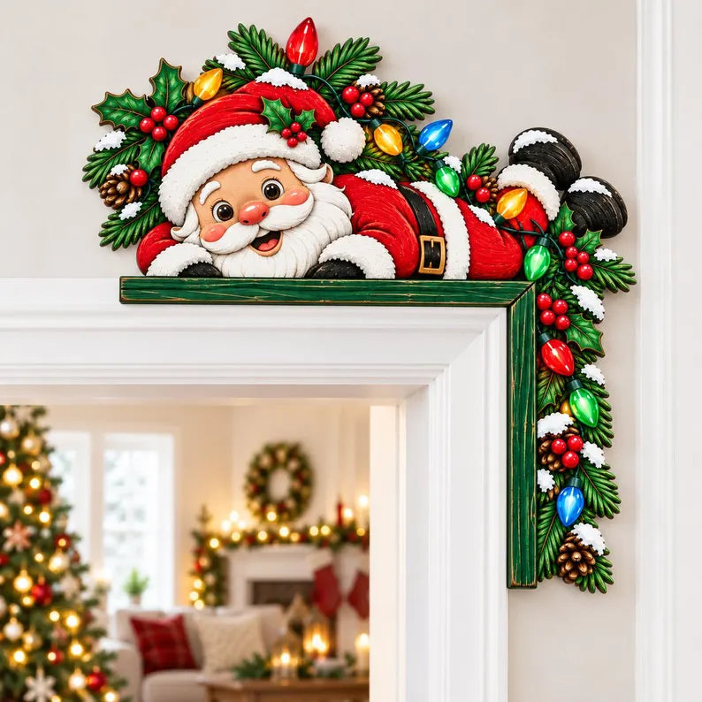 Santa Claus Door Topper Decor - Christmas Doorway Corner Sign, Holiday Door Frame Accent