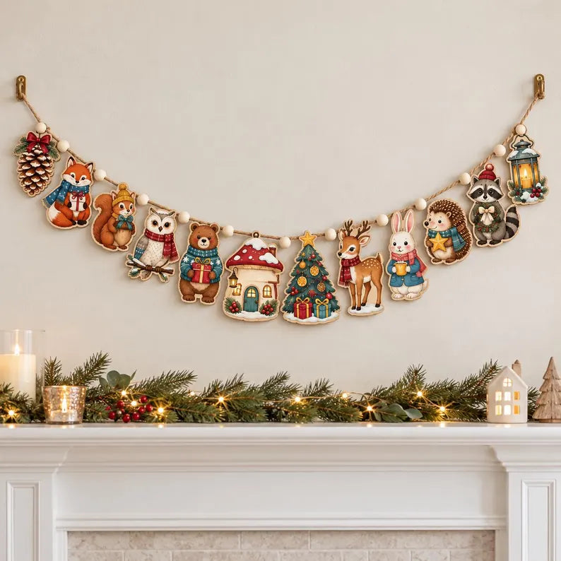 Woodland Animal Christmas Wooden Garland - Fox, Deer, Bunny & Bear Holiday Wall Banner