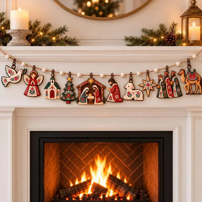 Scandinavian Christian Christmas Wooden Garland - Nordic Folk Art Nativity Mantel Banner