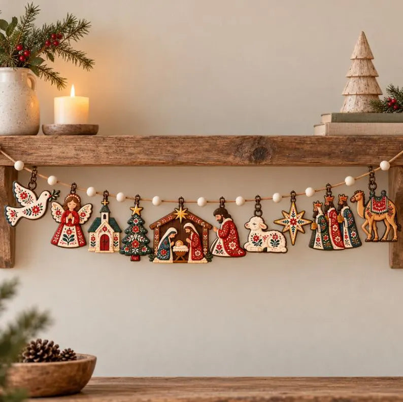 Scandinavian Christian Christmas Wooden Garland - Nordic Folk Art Nativity Mantel Banner