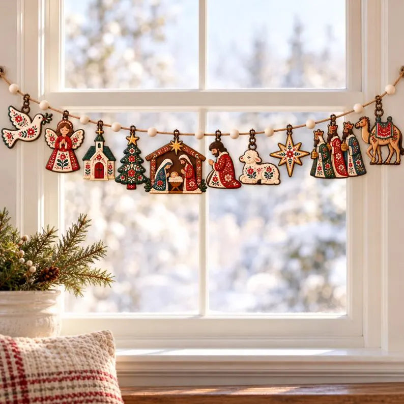 Scandinavian Christian Christmas Wooden Garland - Nordic Folk Art Nativity Mantel Banner