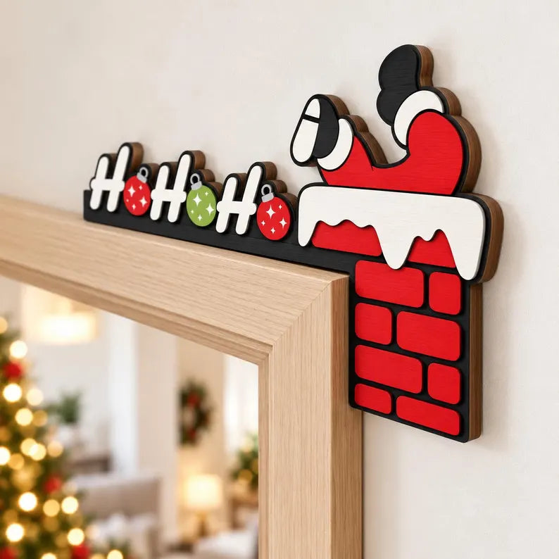 Ho Ho Ho Santa Chimney Wooden Corner Door Sign - Christmas Door Frame Topper, Holiday Decor