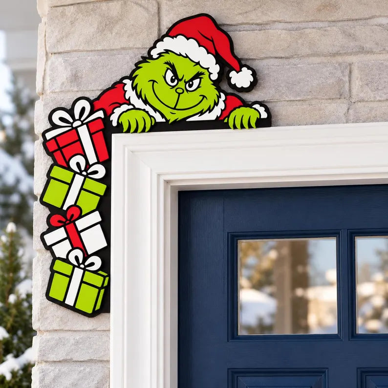 Mischievous Christmas Elf Door Corner Decor with Presents - Peeking Holiday Door Frame Topper