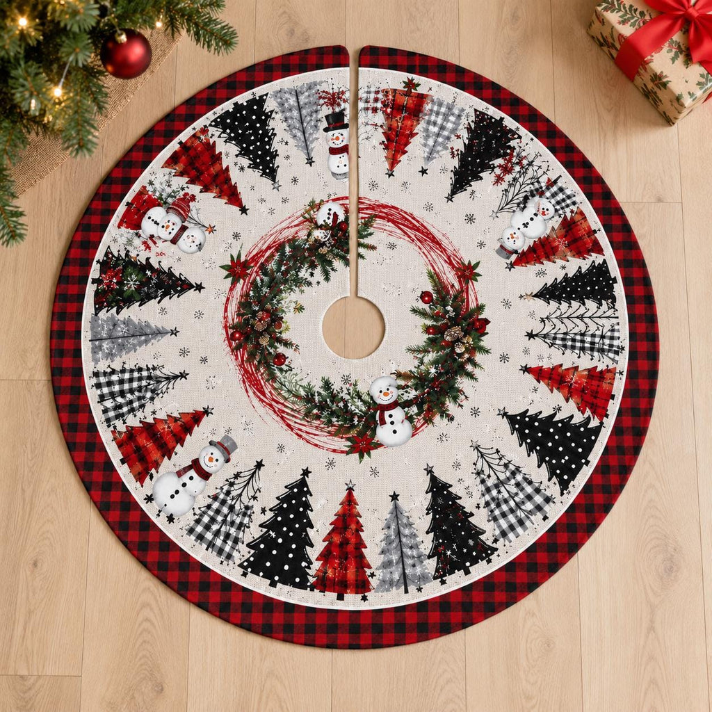 Red black buffalo plaid snowman Christmas tree skirt