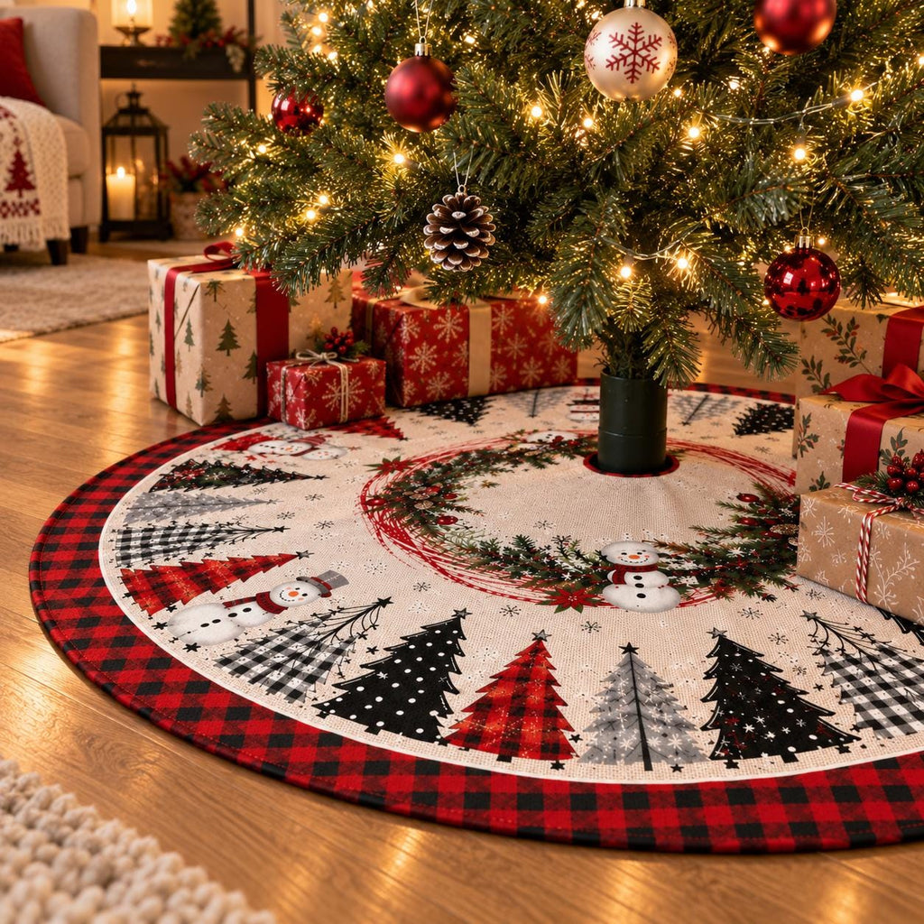 Red black buffalo plaid snowman Christmas tree skirt