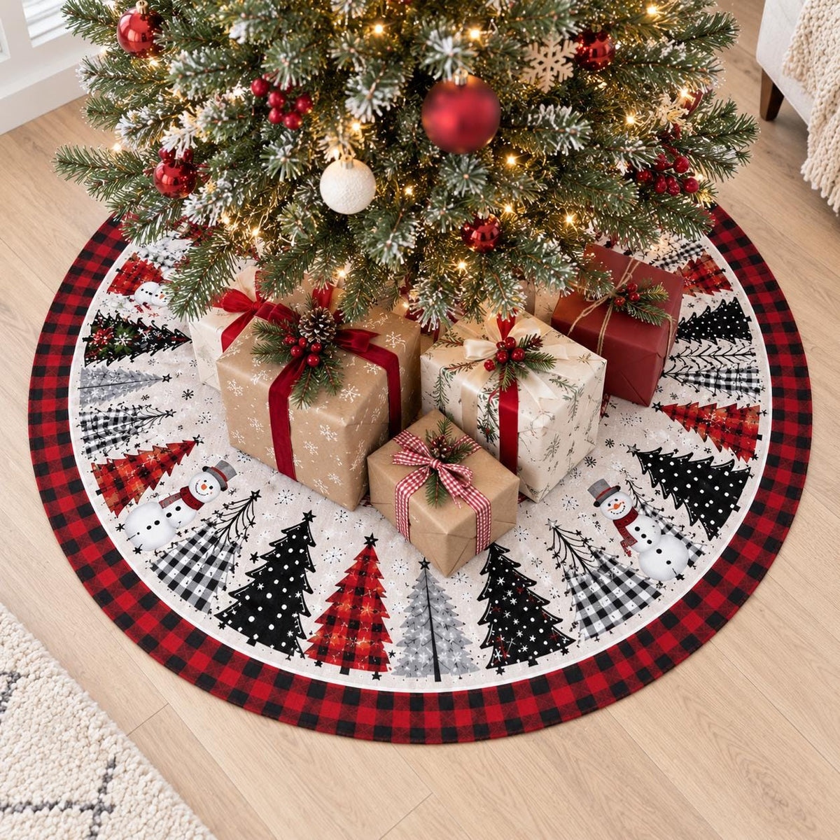 Red black buffalo plaid snowman Christmas tree skirt