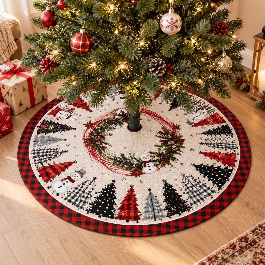 Red black buffalo plaid snowman Christmas tree skirt