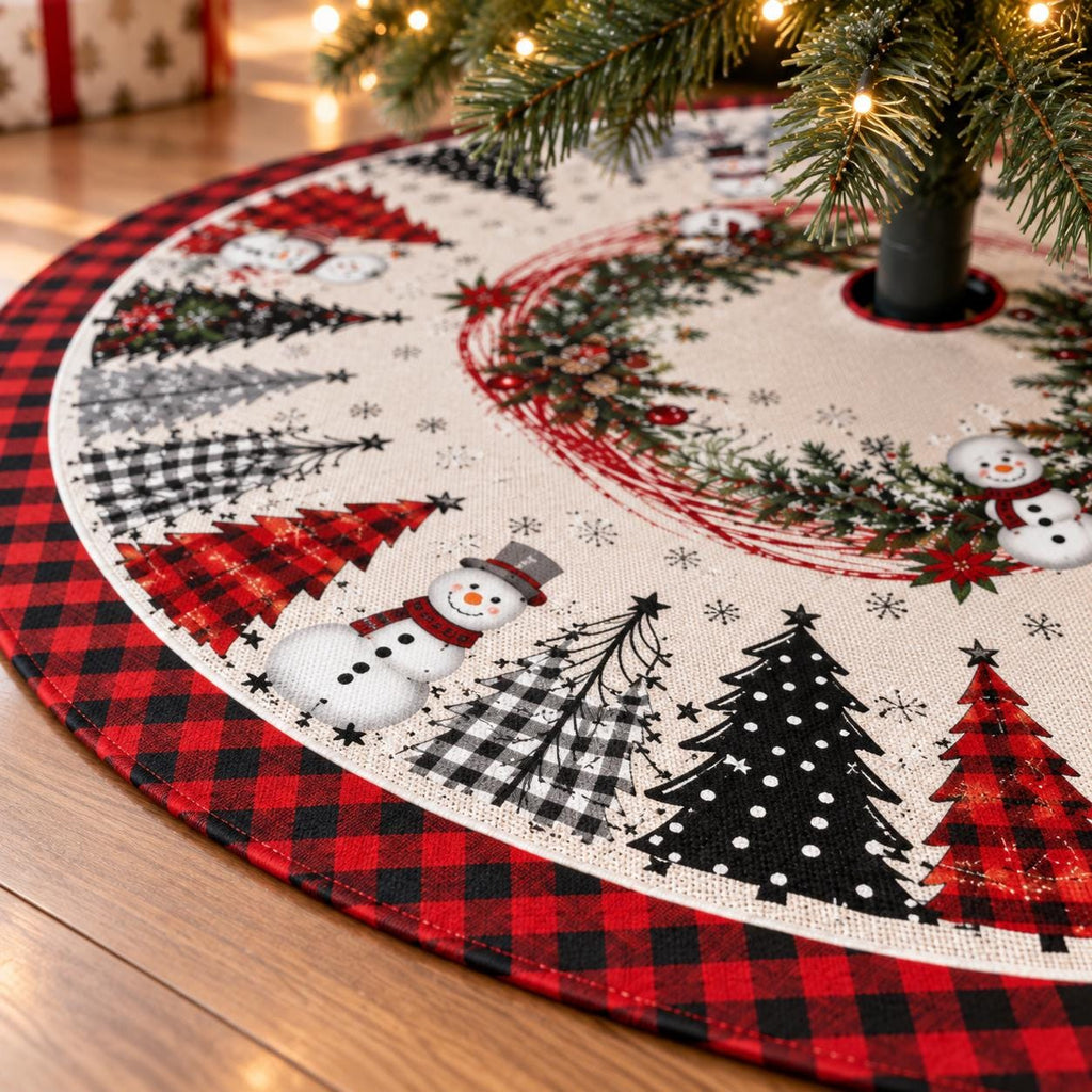 Red black buffalo plaid snowman Christmas tree skirt