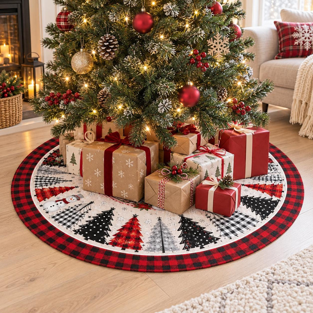 Red black buffalo plaid snowman Christmas tree skirt