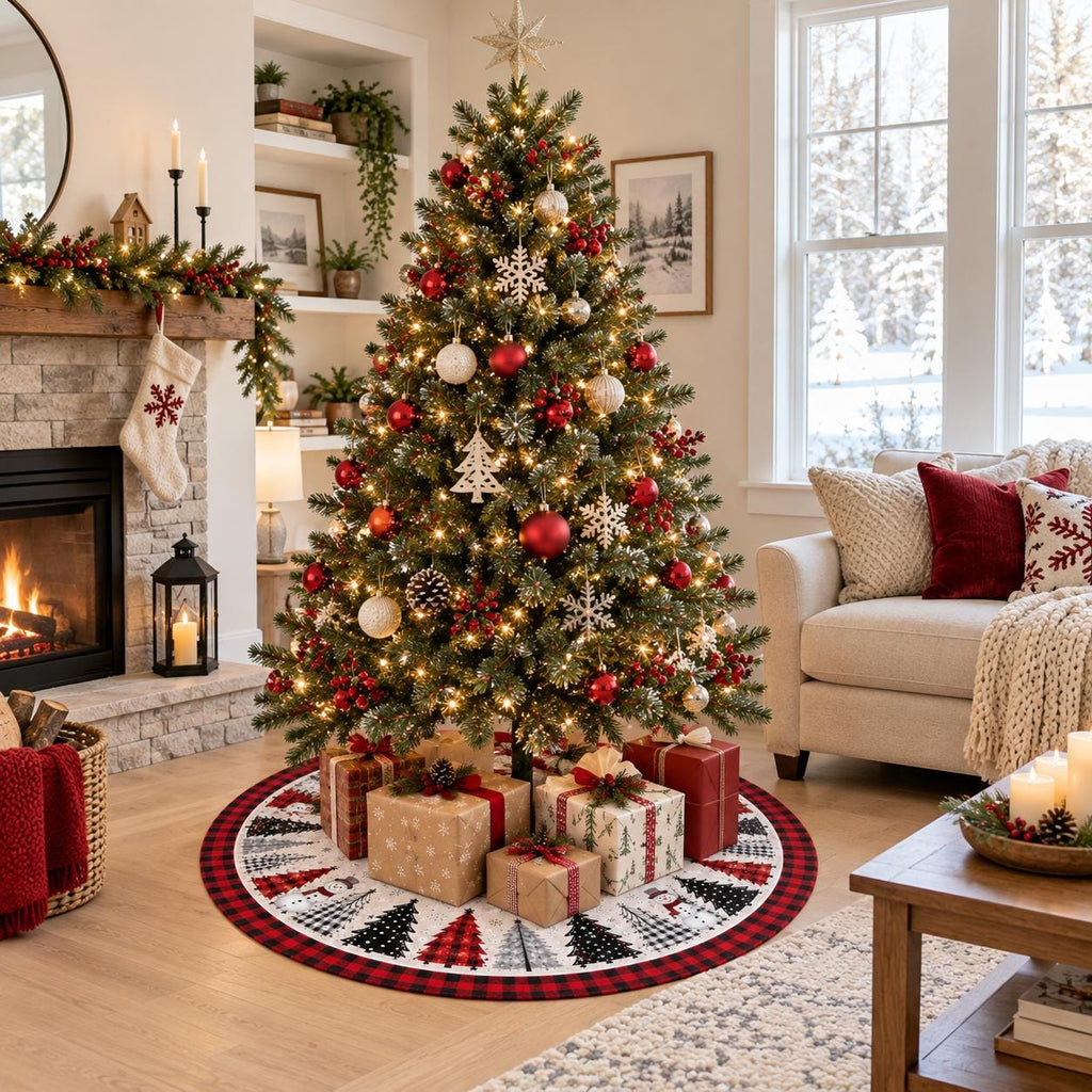Red black buffalo plaid snowman Christmas tree skirt