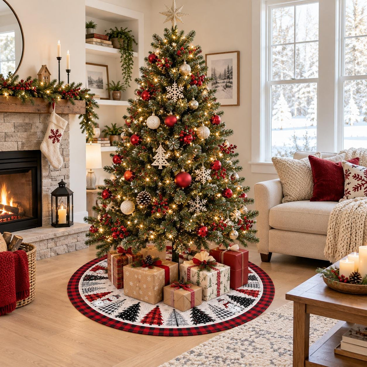 Red black buffalo plaid snowman Christmas tree skirt