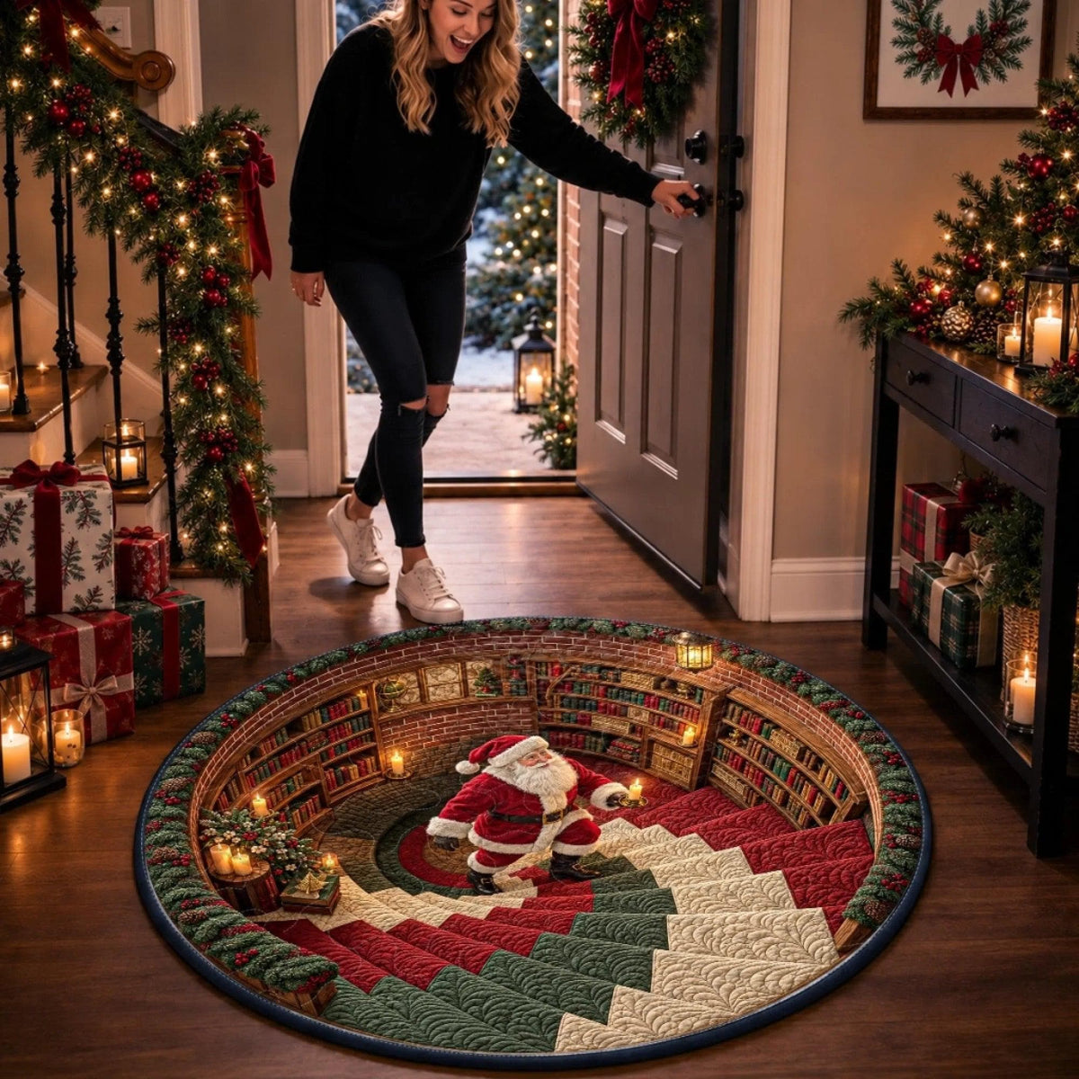 3D optical illusion Santa library quilted round Christmas rug