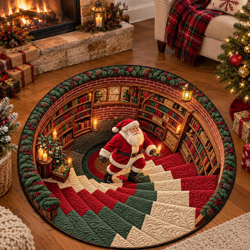 3D optical illusion Santa library quilted round Christmas rug