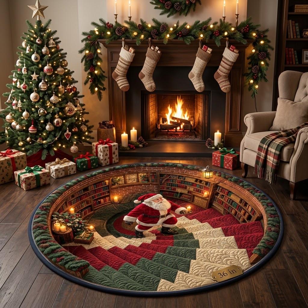 3D optical illusion Santa library quilted round Christmas rug