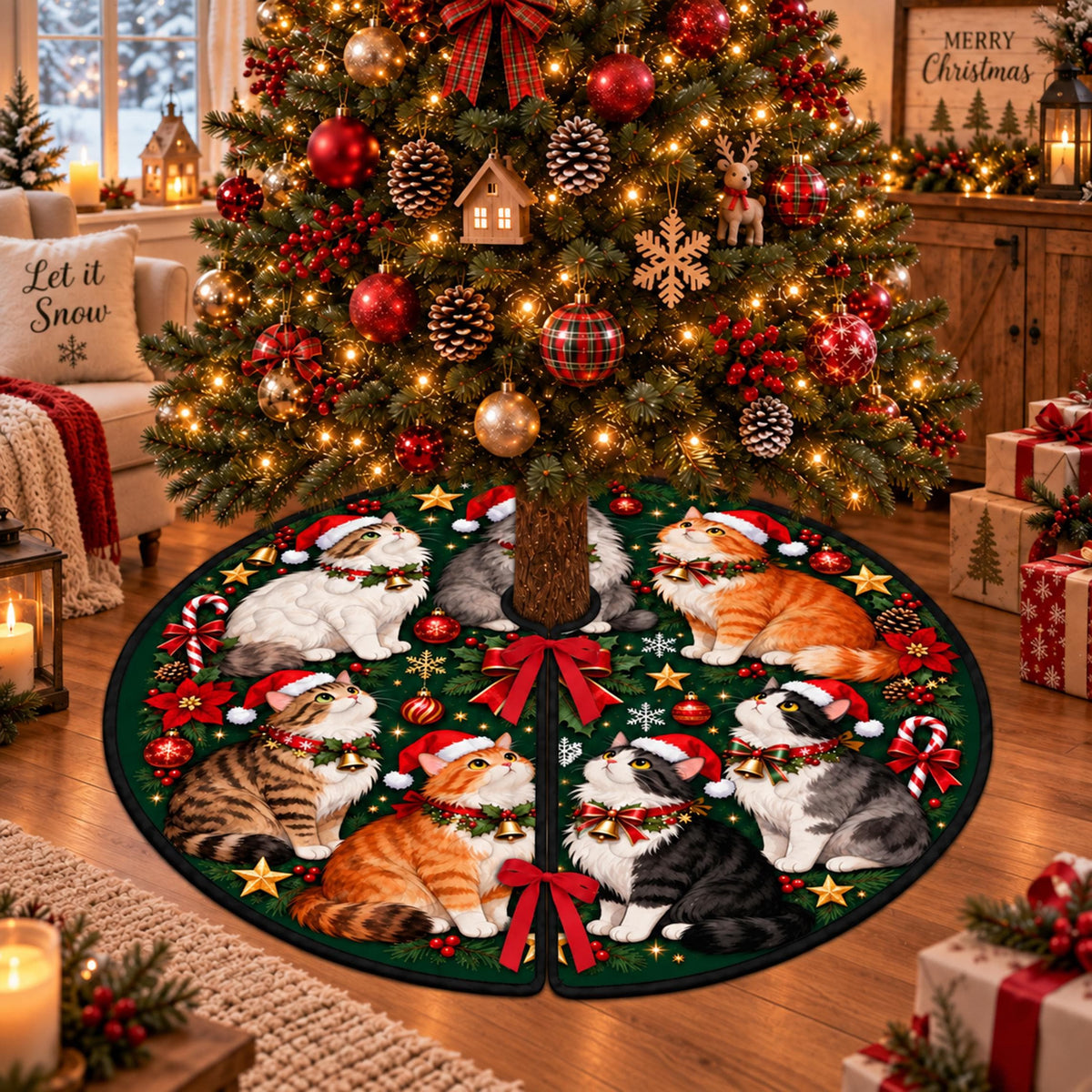Christmas cat quilted tree skirt Santa hat cats