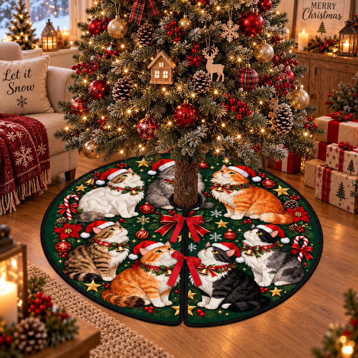 Christmas cat quilted tree skirt Santa hat cats