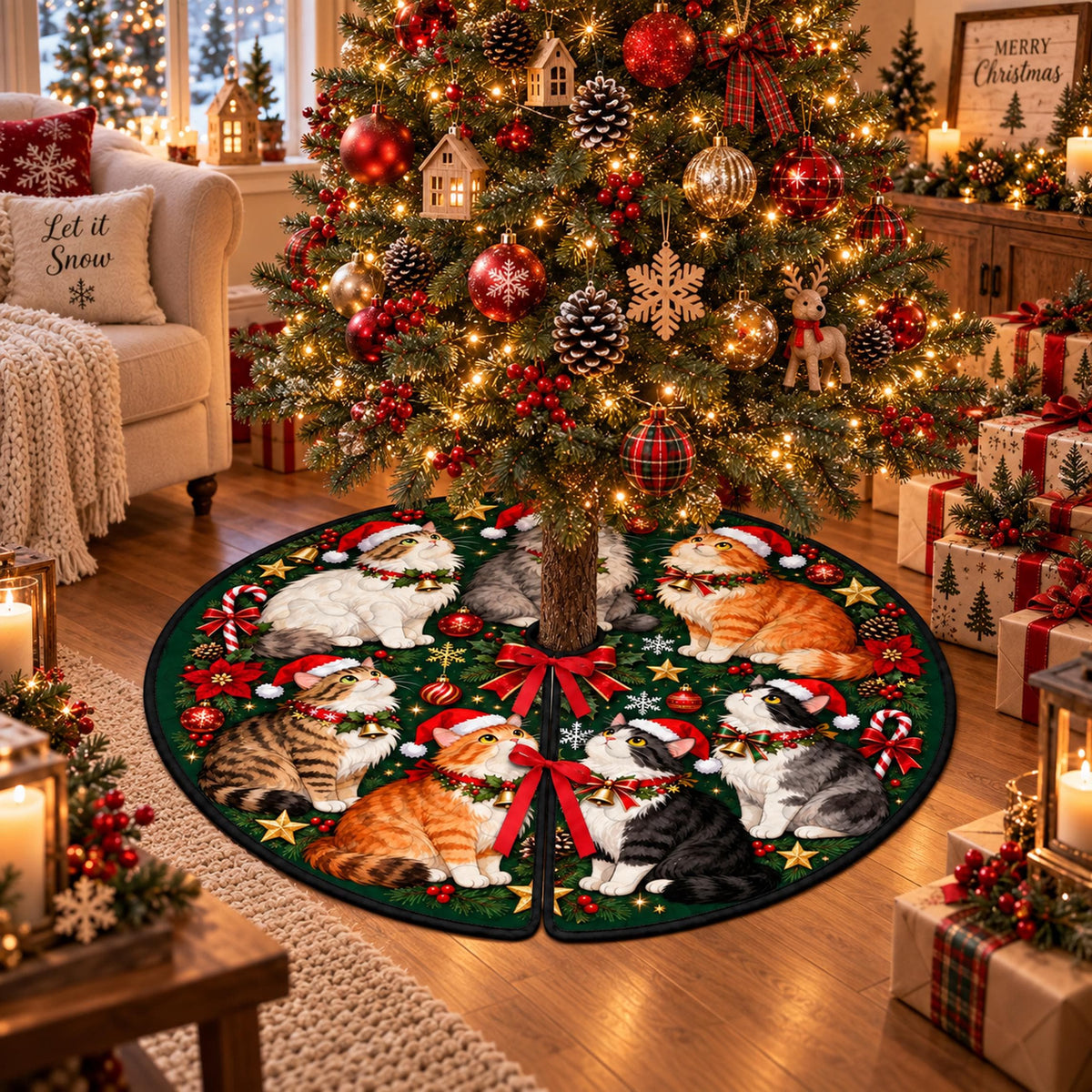 Christmas cat quilted tree skirt Santa hat cats