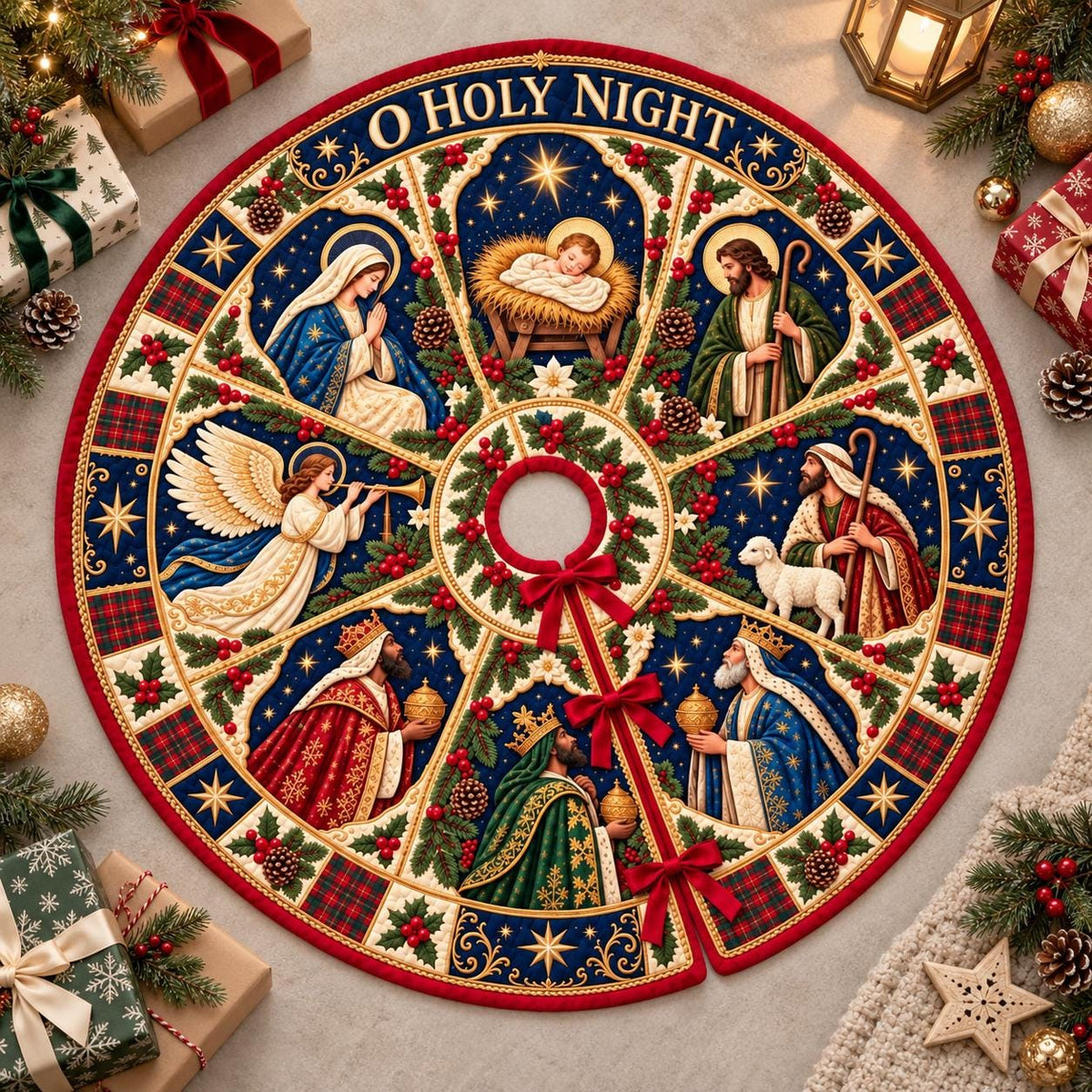Nativity O Holy Night quilted Christmas tree skirt