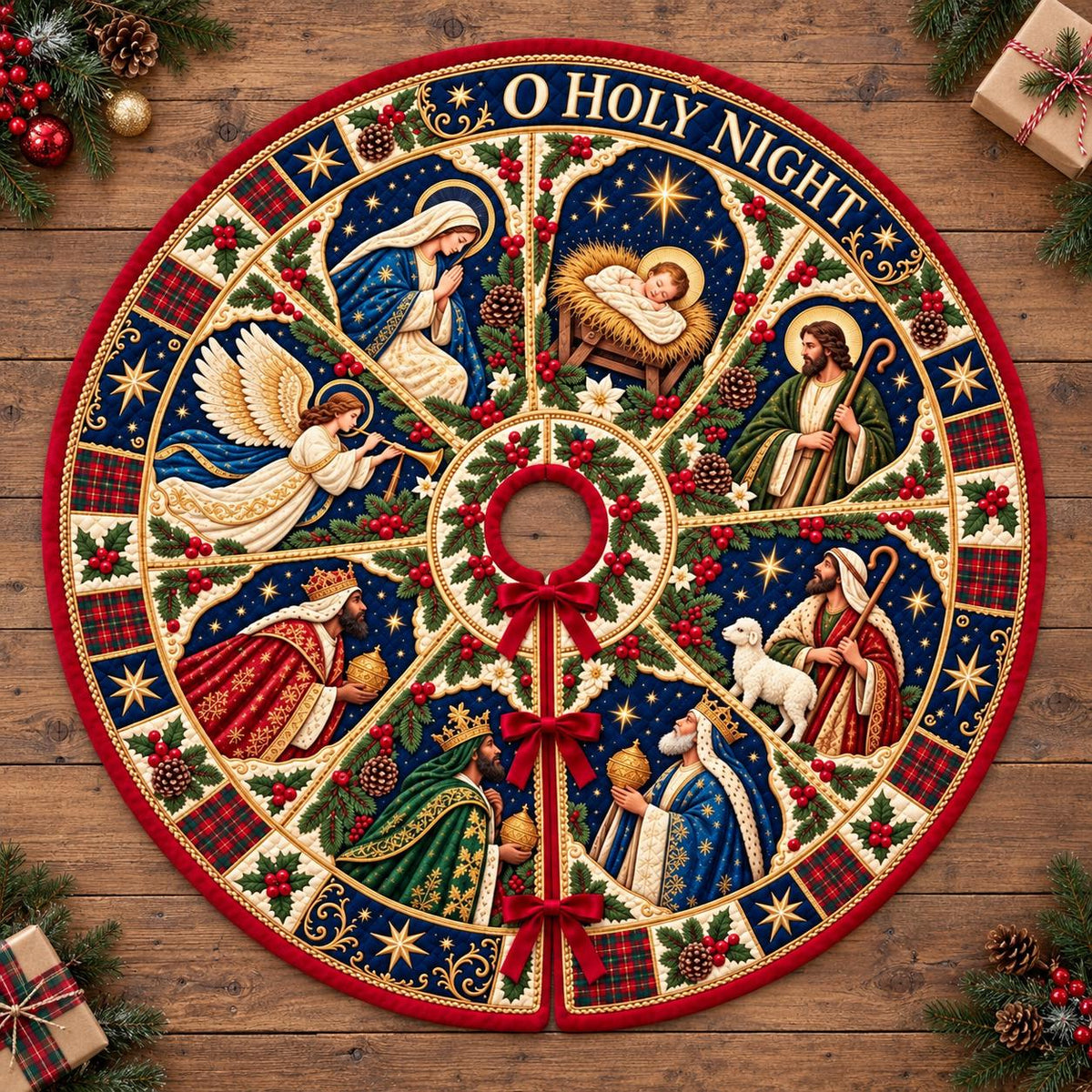 Nativity O Holy Night quilted Christmas tree skirt