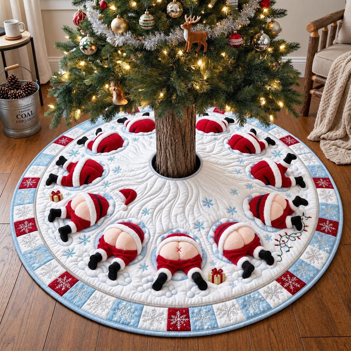 Funny Santa Christmas tree skirt snowy diving Santas