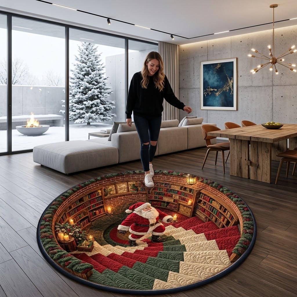 3D optical illusion Santa library quilted round Christmas rug