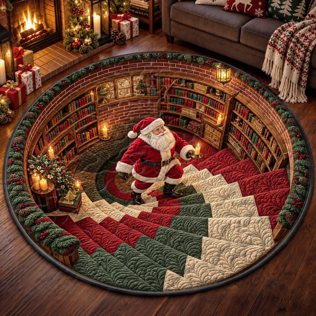3D optical illusion Santa library quilted round Christmas rug