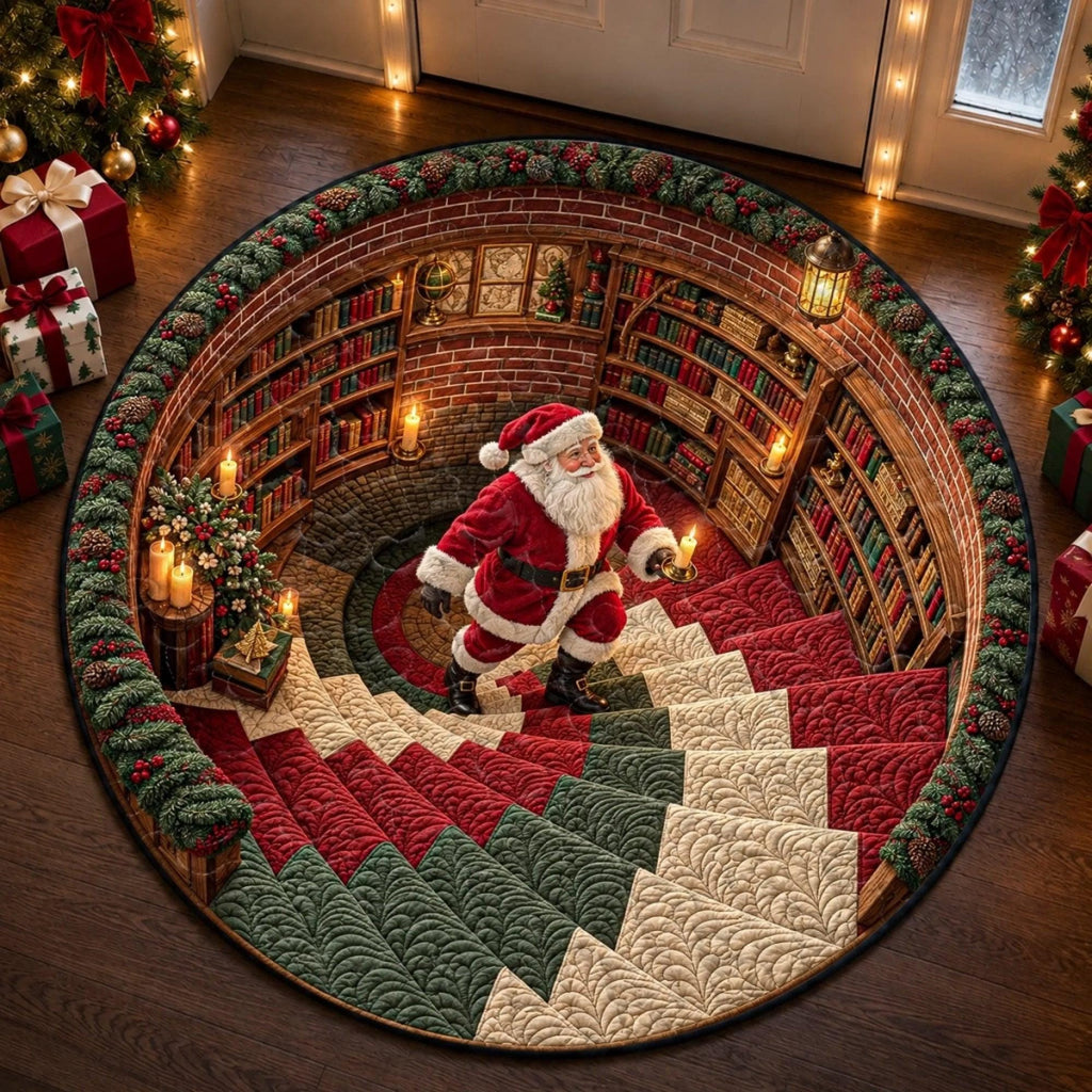 3D optical illusion Santa library quilted round Christmas rug