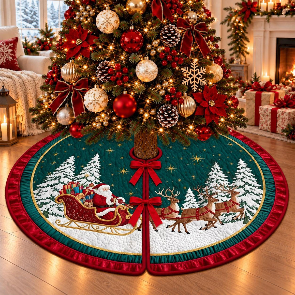 Santa reindeer sleigh quilted Christmas tree skirt