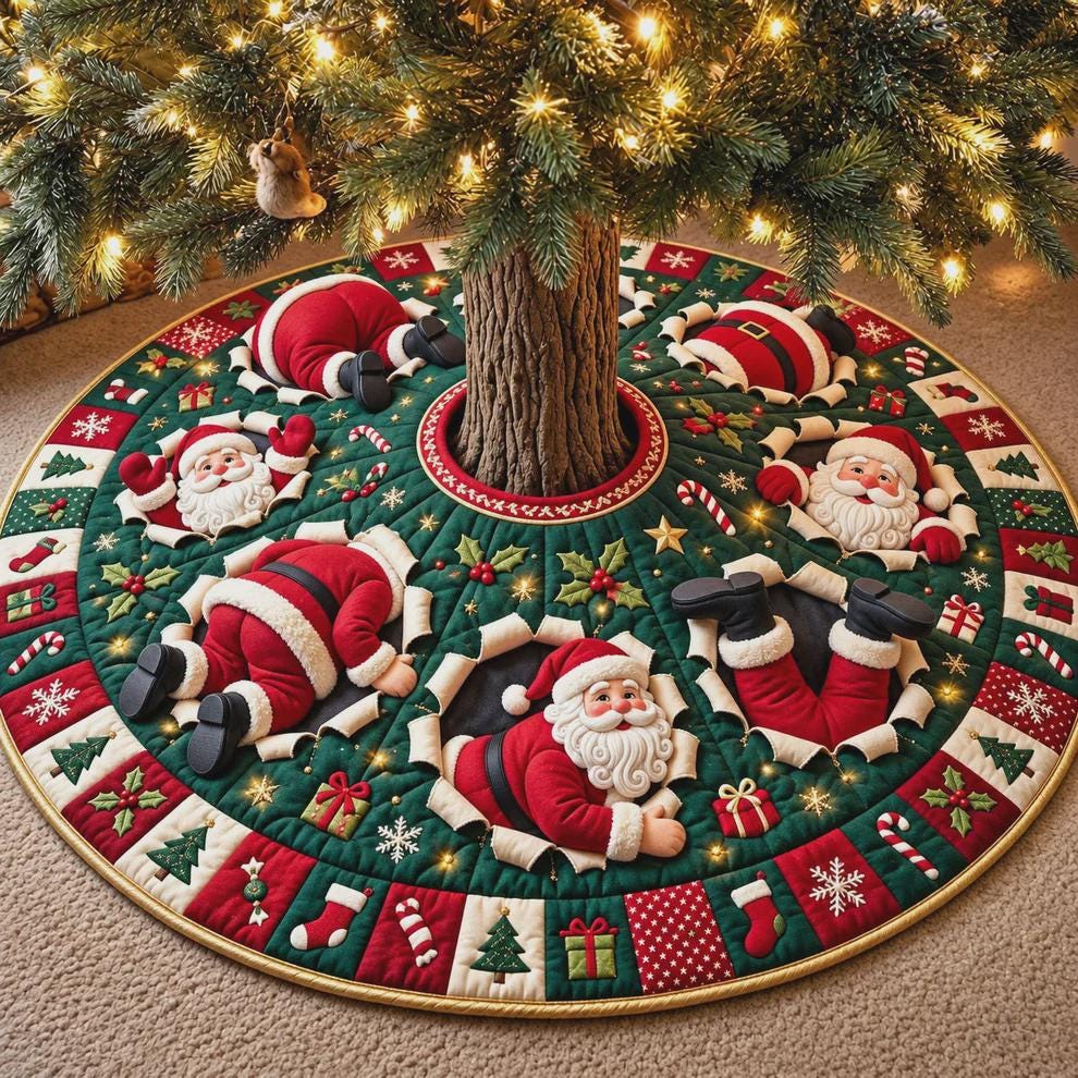 Santa Christmas tree skirt funny peeking Santas