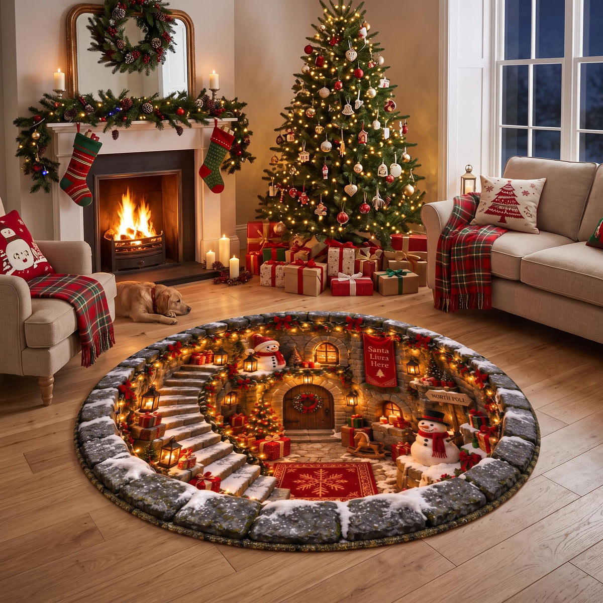 3D North Pole cottage round Christmas rug