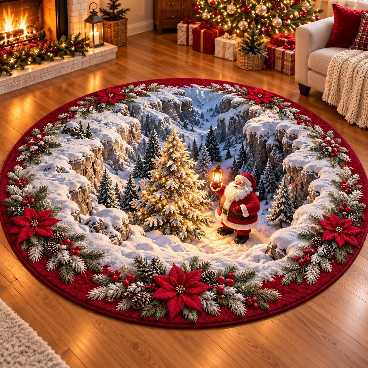 Christmas round rug Santa snowy ravine 3D illusion