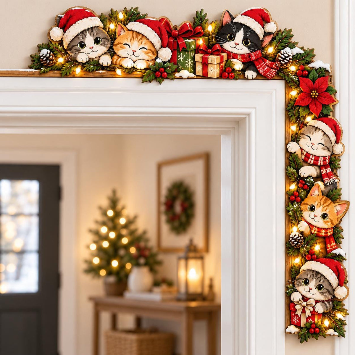 Christmas cats Santa hat wooden door corner sign