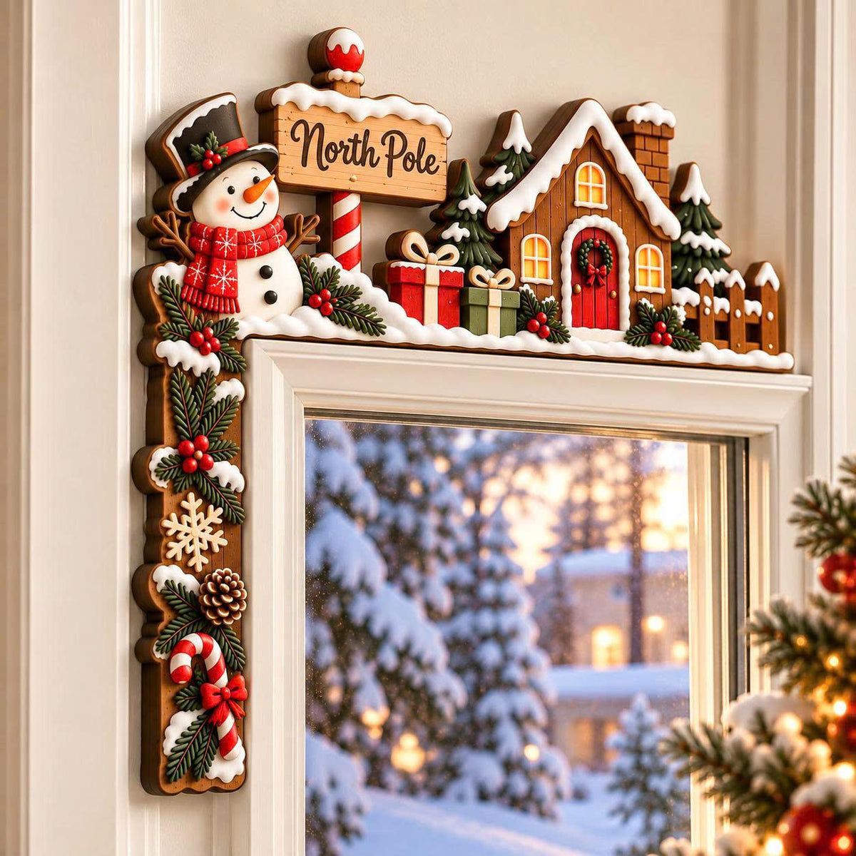 North Pole snowman Christmas wooden door corner decor