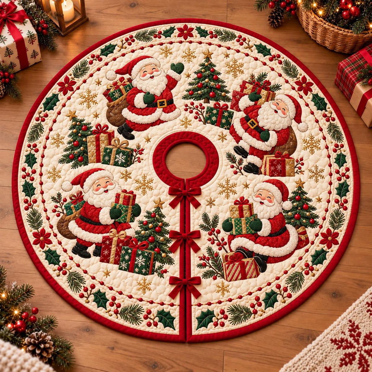 Santa Claus quilted Christmas tree skirt
