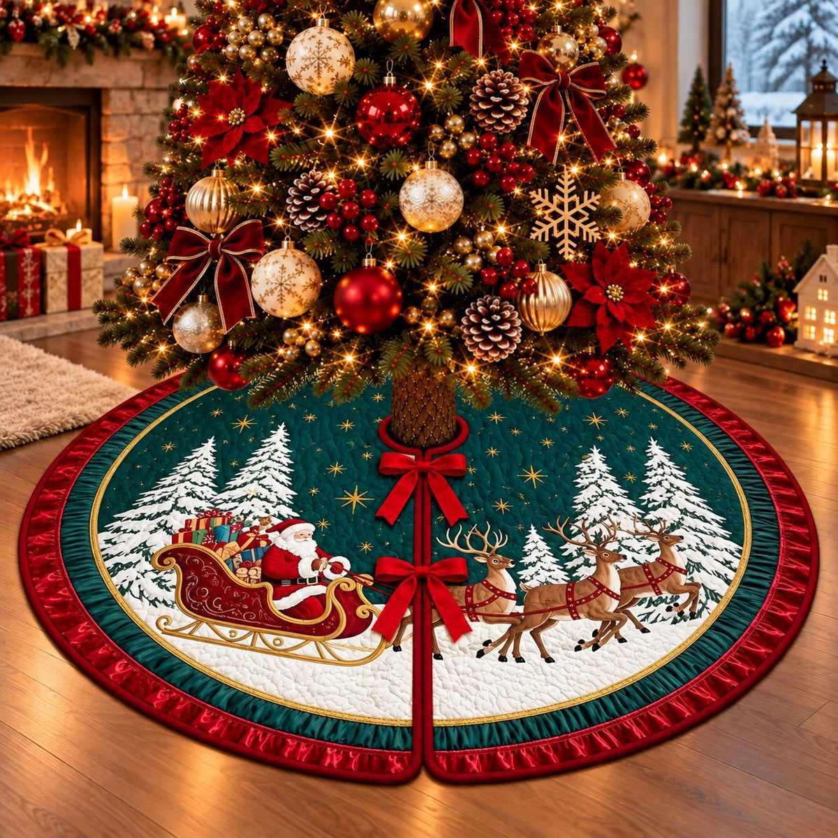 Santa reindeer sleigh quilted Christmas tree skirt