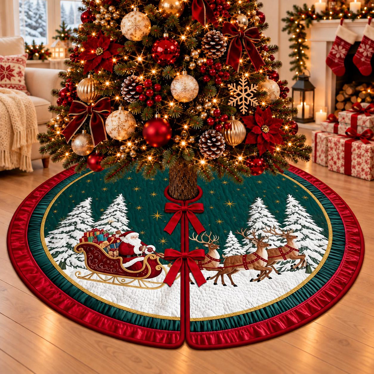 Santa reindeer sleigh quilted Christmas tree skirt