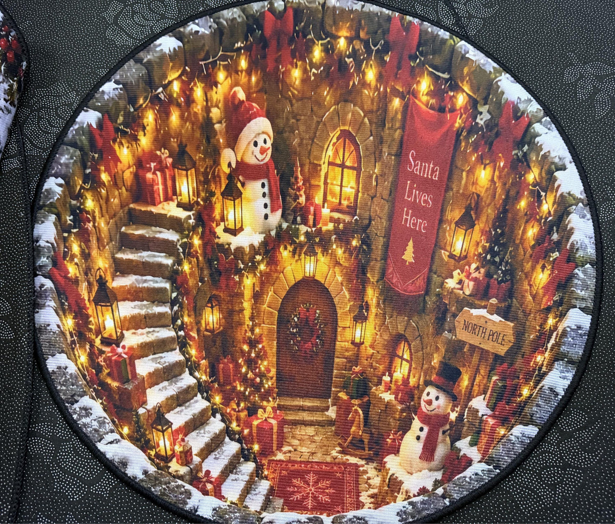 3D North Pole cottage round Christmas rug