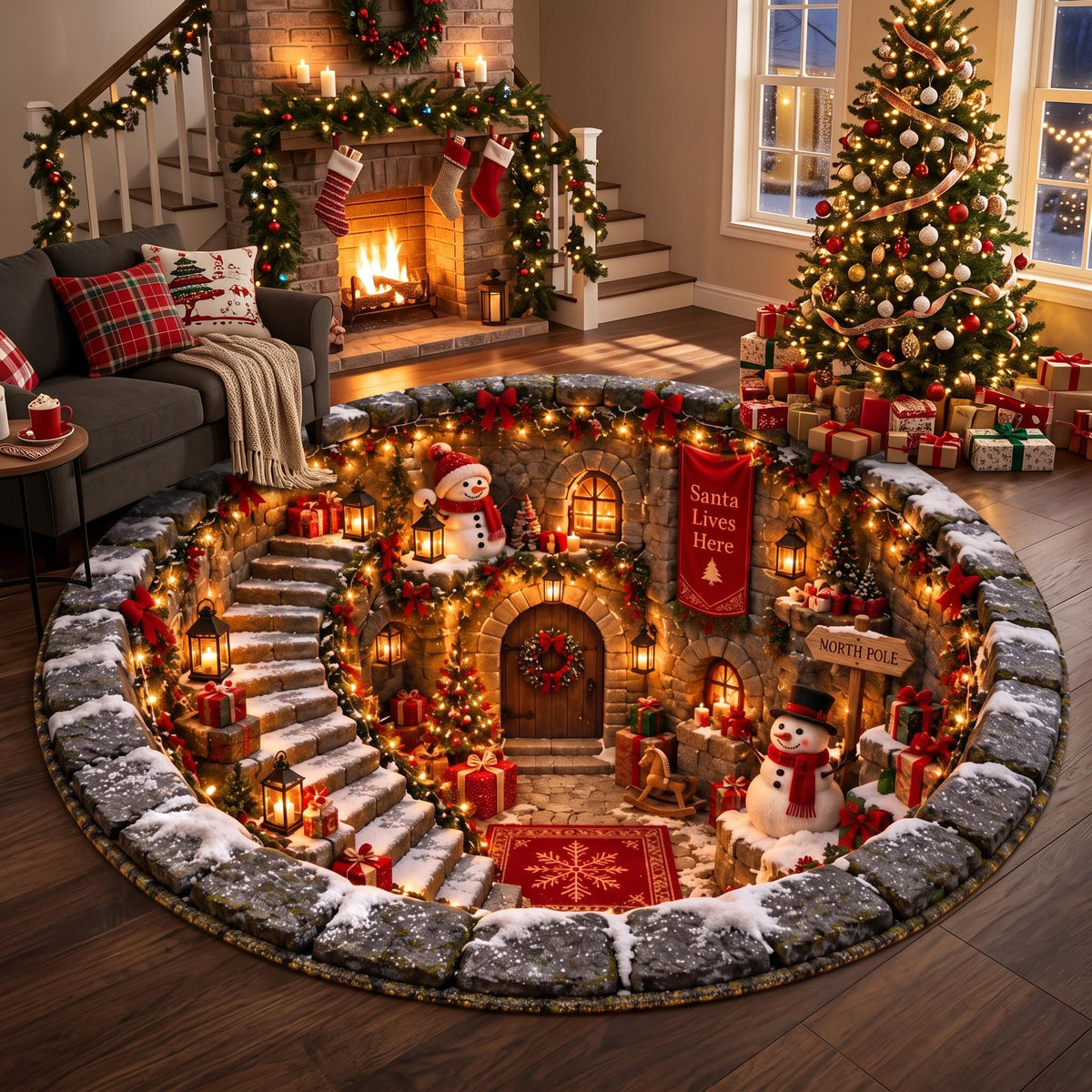 3D North Pole cottage round Christmas rug