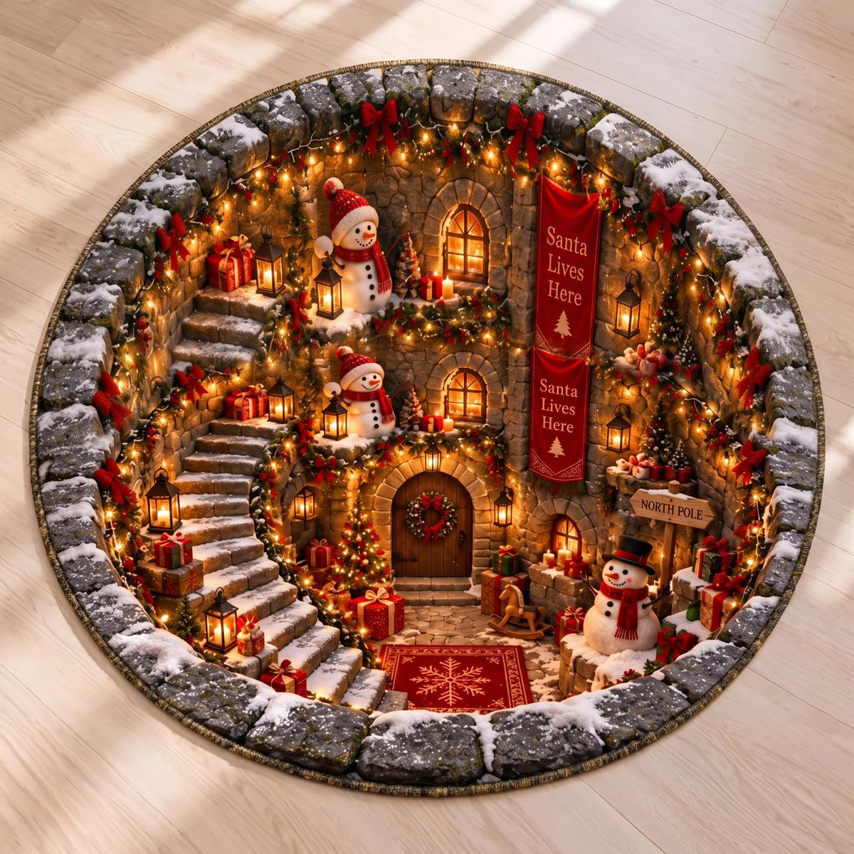 3D North Pole cottage round Christmas rug