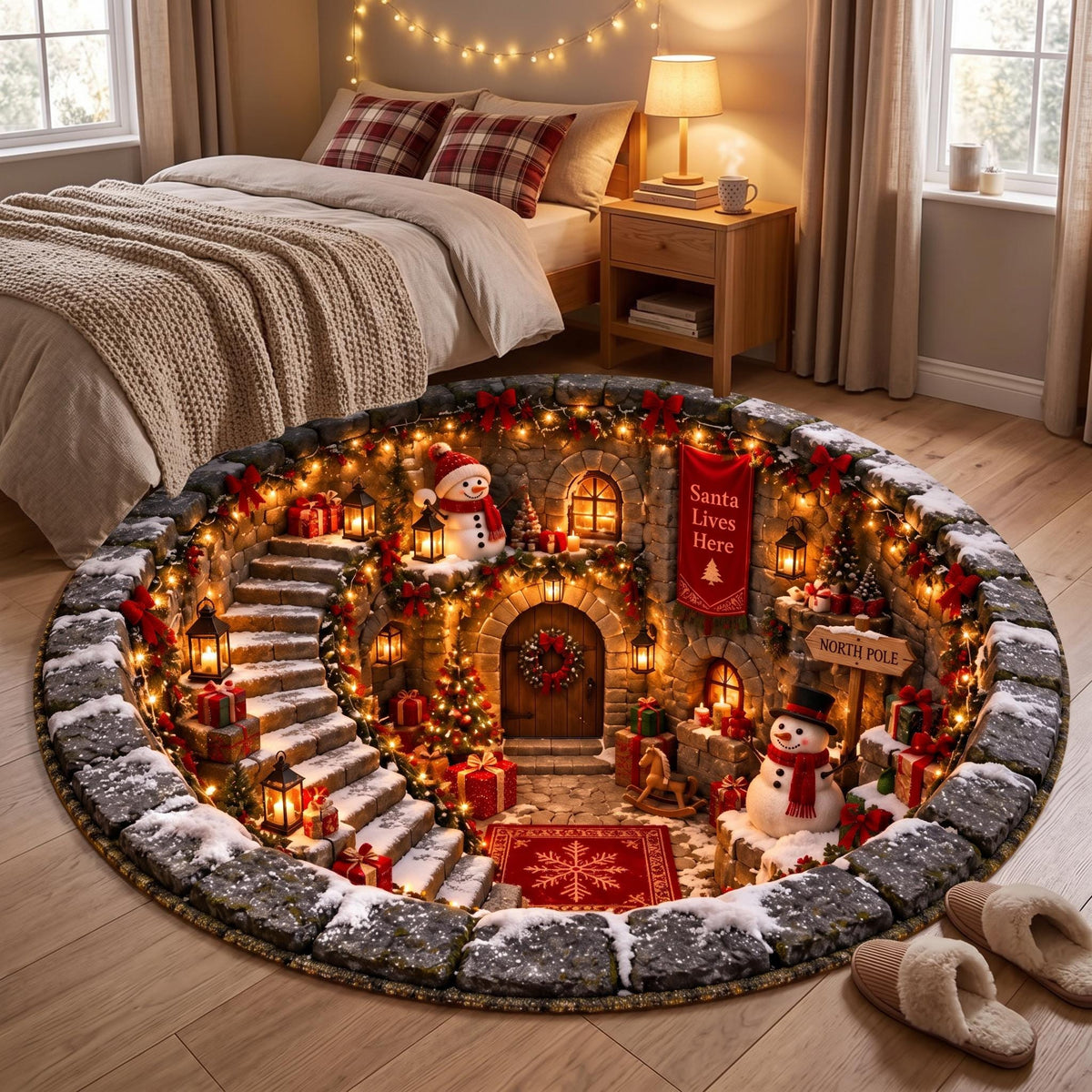3D North Pole cottage round Christmas rug
